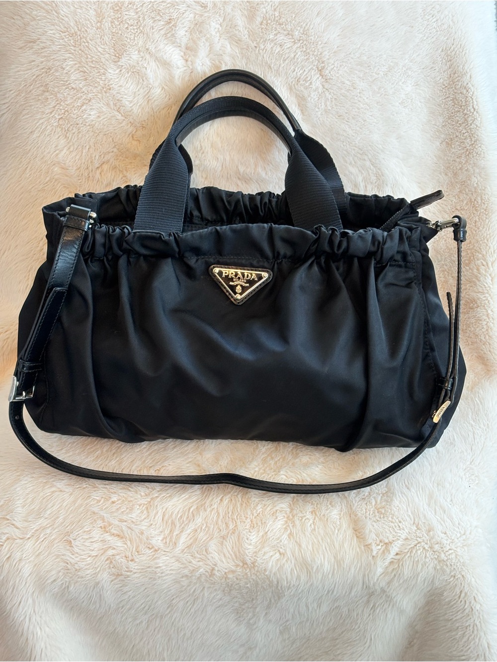Prada Black Tessuto Gaufre Nylon Gathered 2-Way Tote Bag 13.5"x12” - Picture 1 of 8